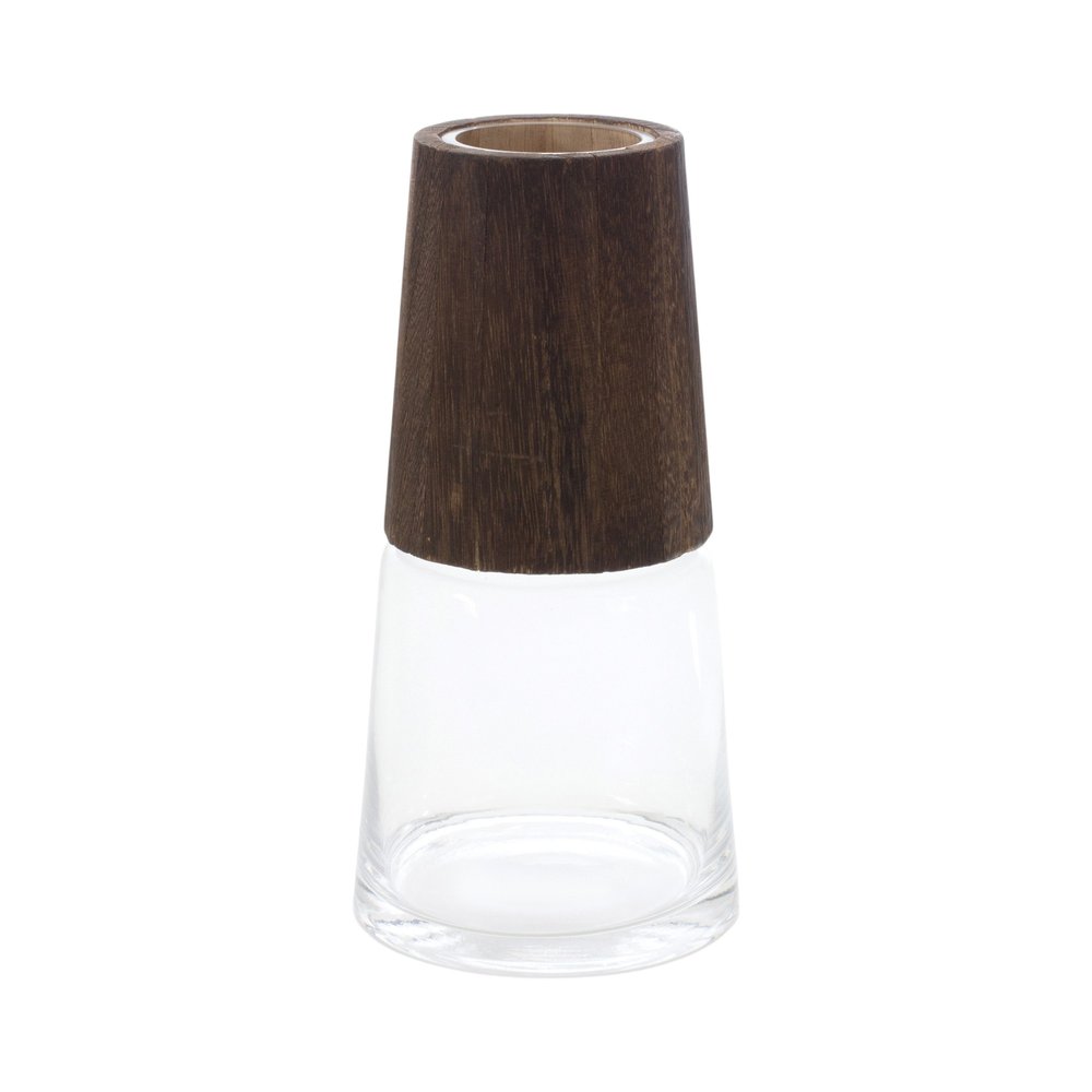 Set of Two Brown And Clear Glass Tapered Table Vases With Wood