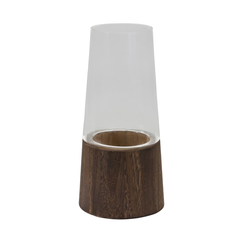 Set of Two Brown And Clear Glass Tapered Table Vases With Wood