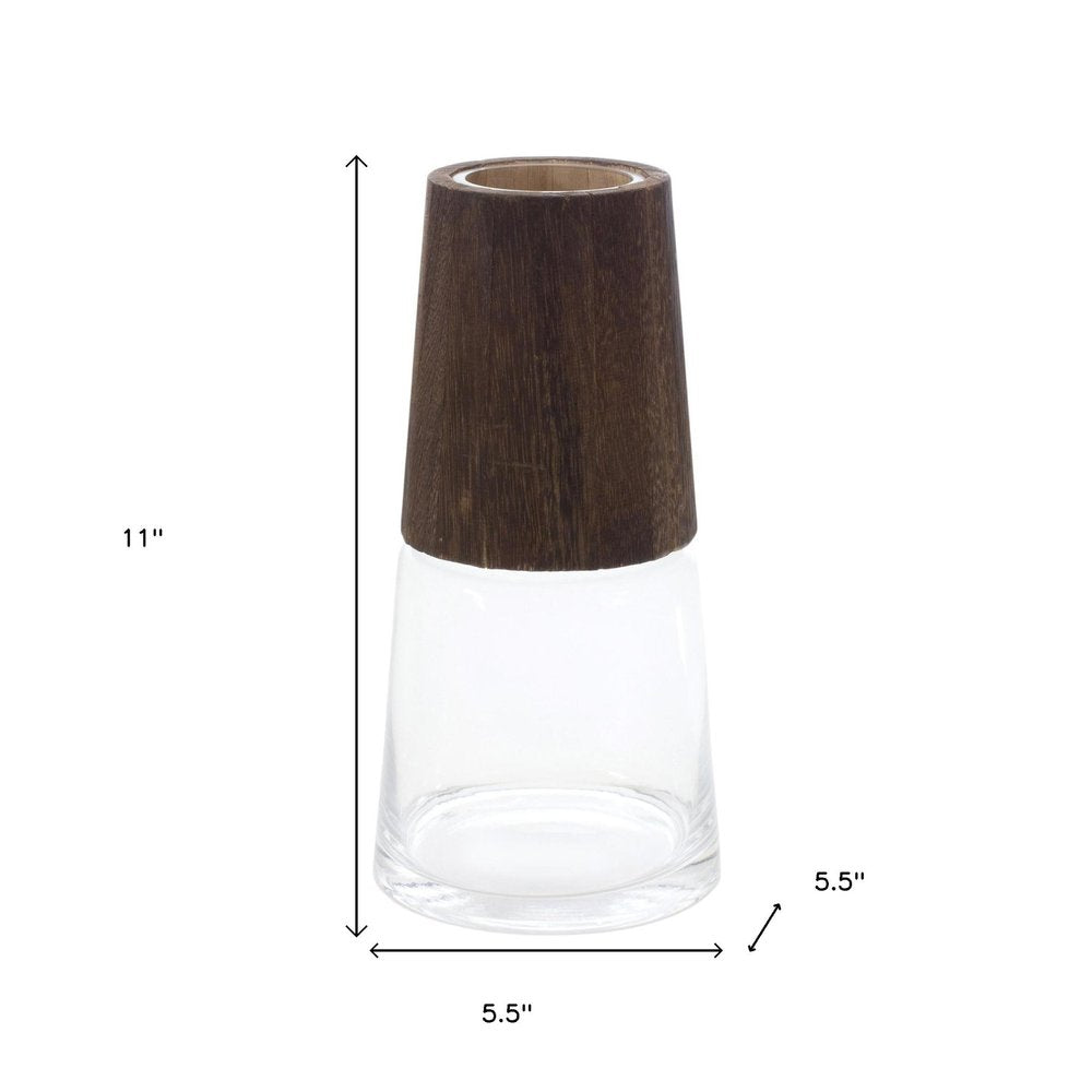 Set of Two Brown And Clear Glass Tapered Table Vases With Wood
