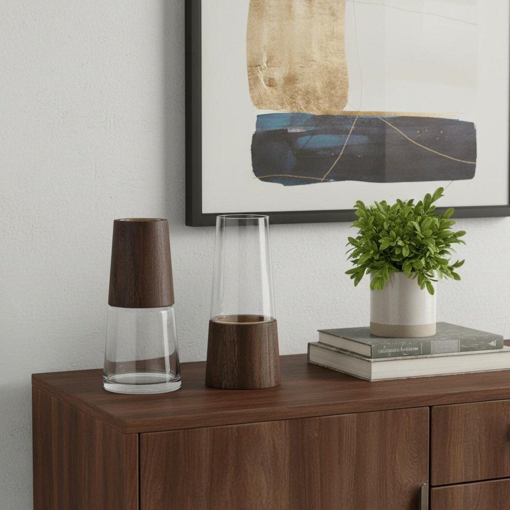 Set of Two Brown And Clear Glass Tapered Table Vases With Wood