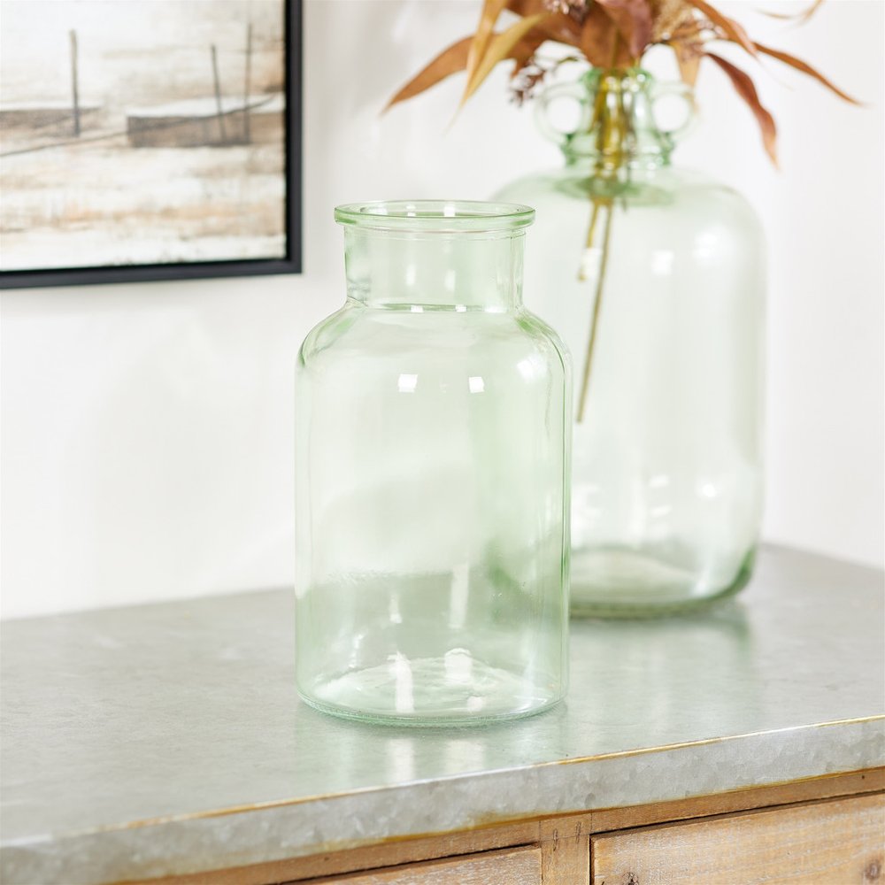 10" Green Glass Cylindrical Table Vase