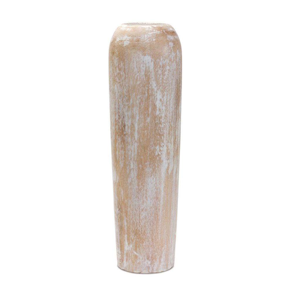 24" Brown And White Solid Wood Round Floor Vase