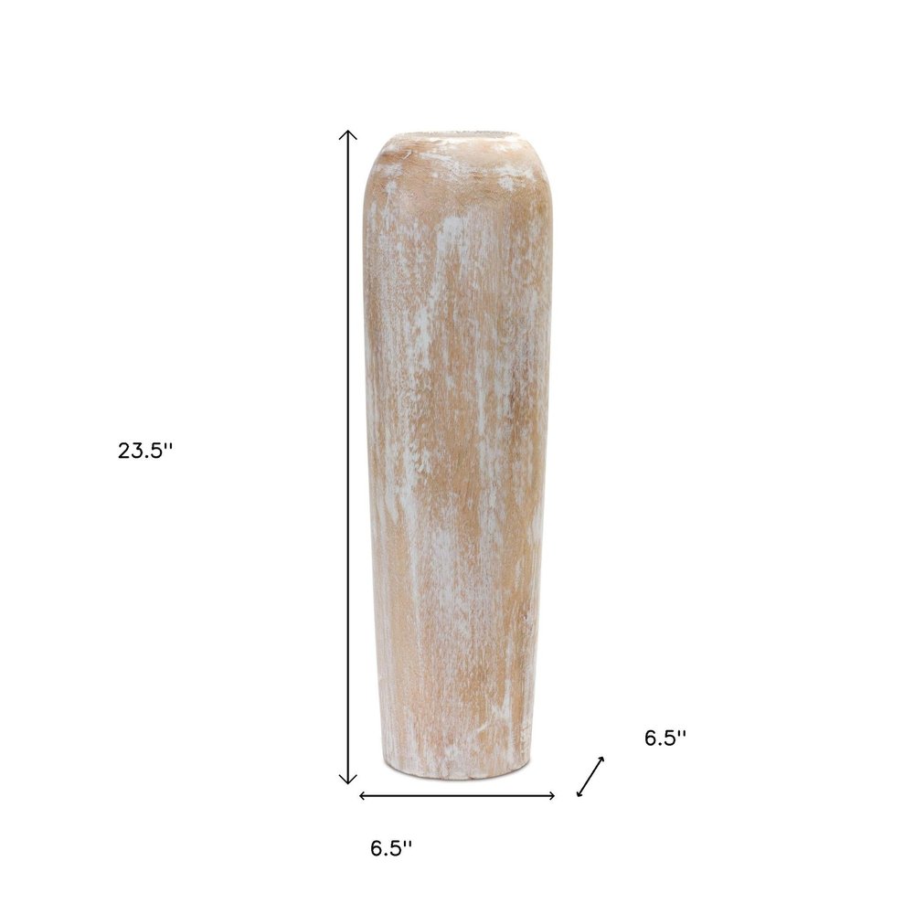 24" Brown And White Solid Wood Round Floor Vase