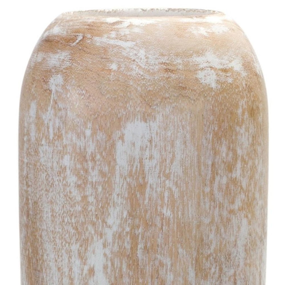 24" Brown And White Solid Wood Round Floor Vase