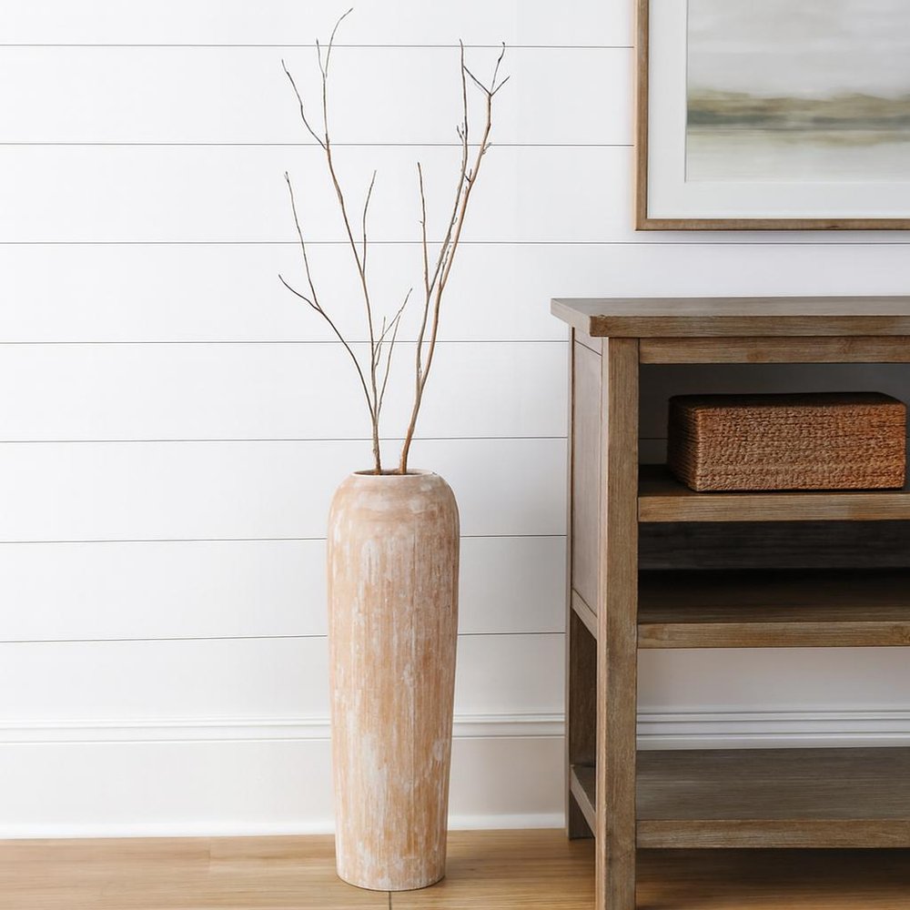 24" Brown And White Solid Wood Round Floor Vase