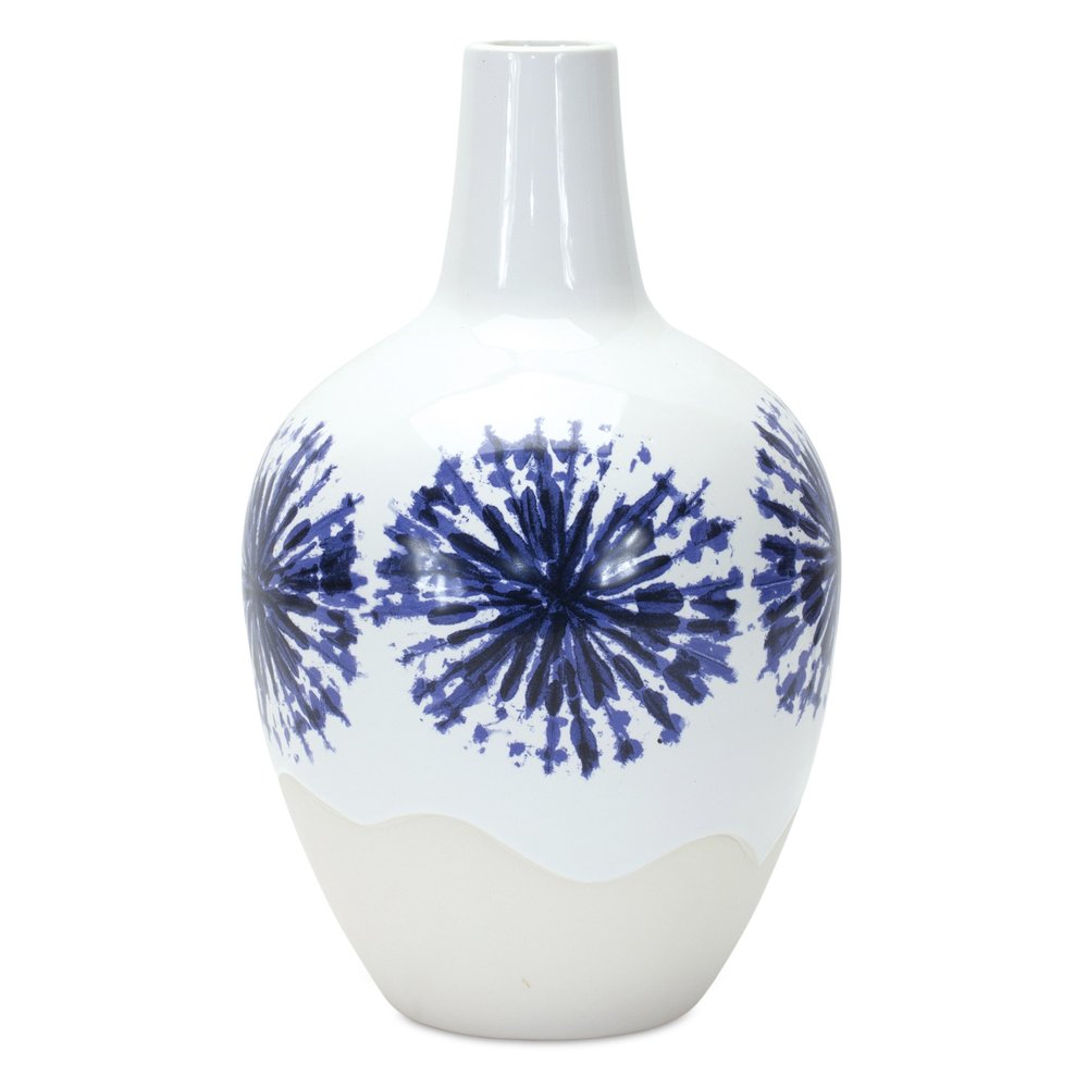11" White And Blue Geometric Medallion Ceramic Urn Vase