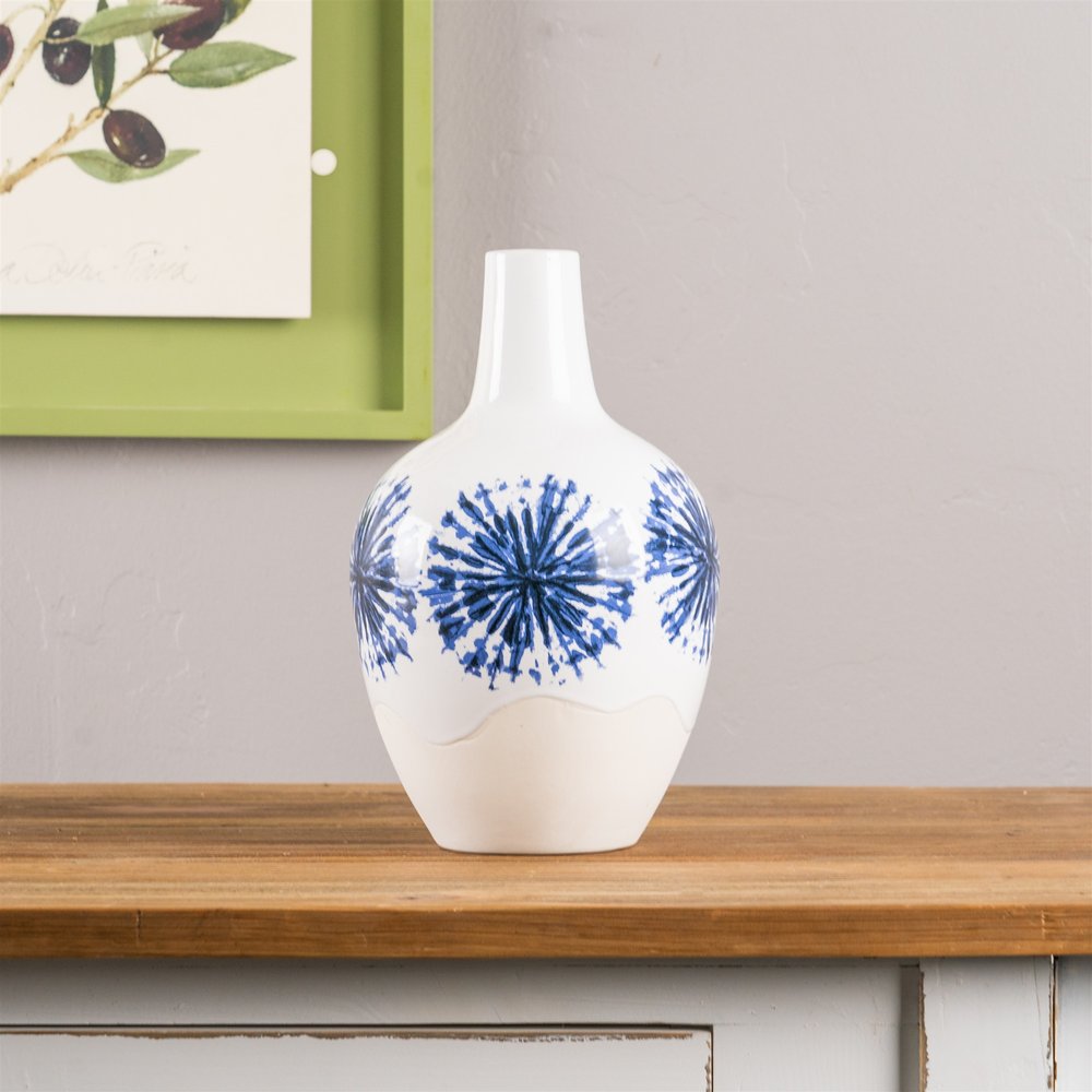 11" White And Blue Geometric Medallion Ceramic Urn Vase