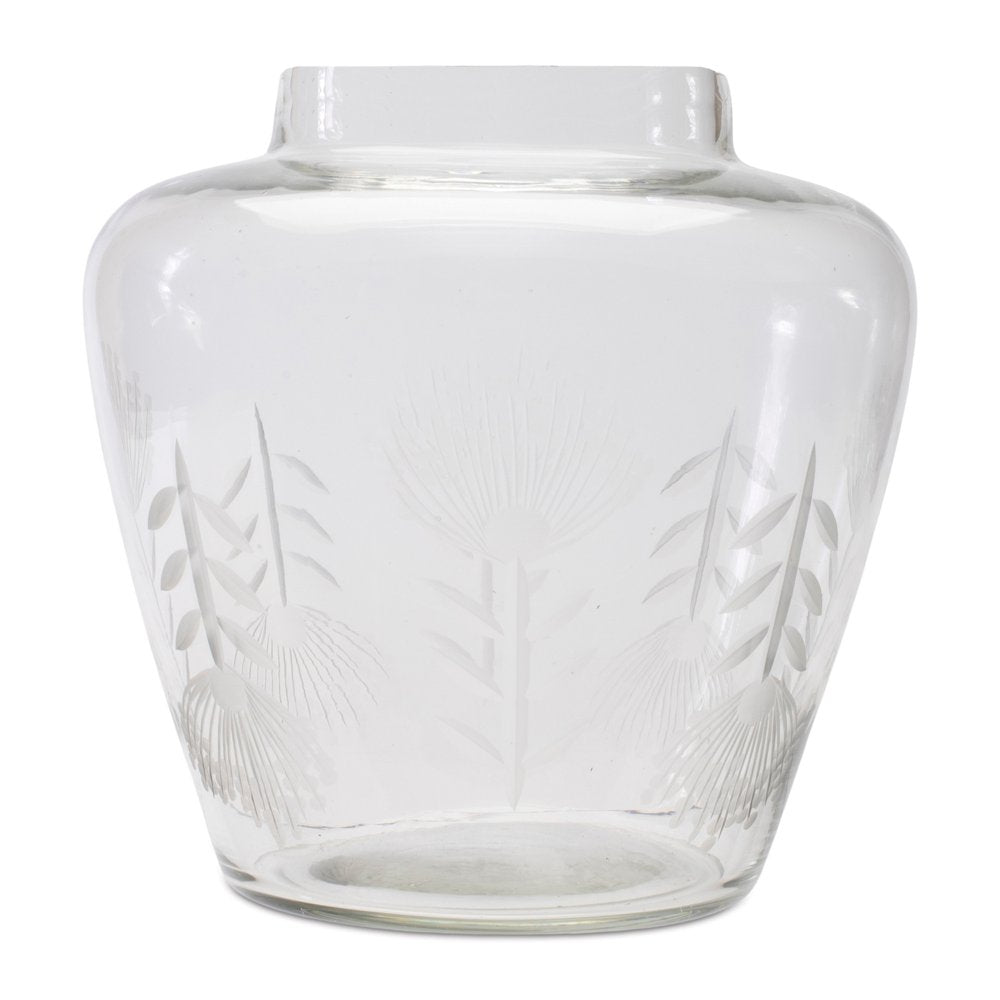 7" Clear Etched Leaf Glass Urn Table Vase