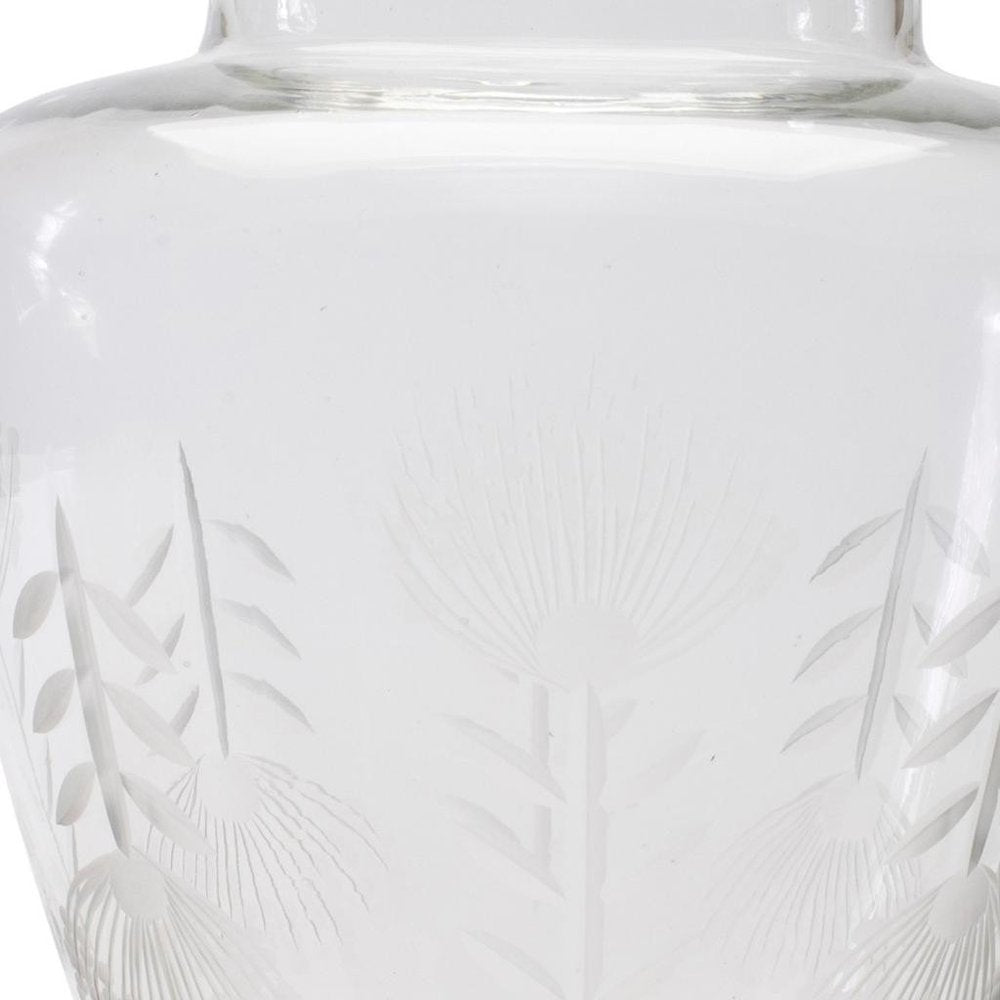 7" Clear Etched Leaf Glass Urn Table Vase