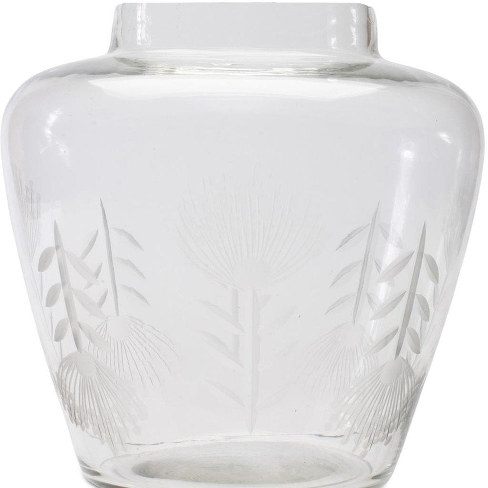 7" Clear Etched Leaf Glass Urn Table Vase