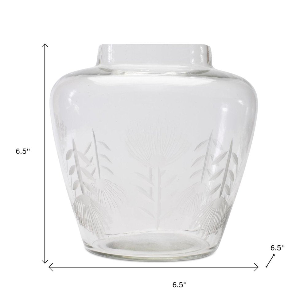 7" Clear Etched Leaf Glass Urn Table Vase