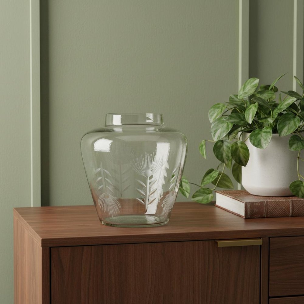 7" Clear Etched Leaf Glass Urn Table Vase