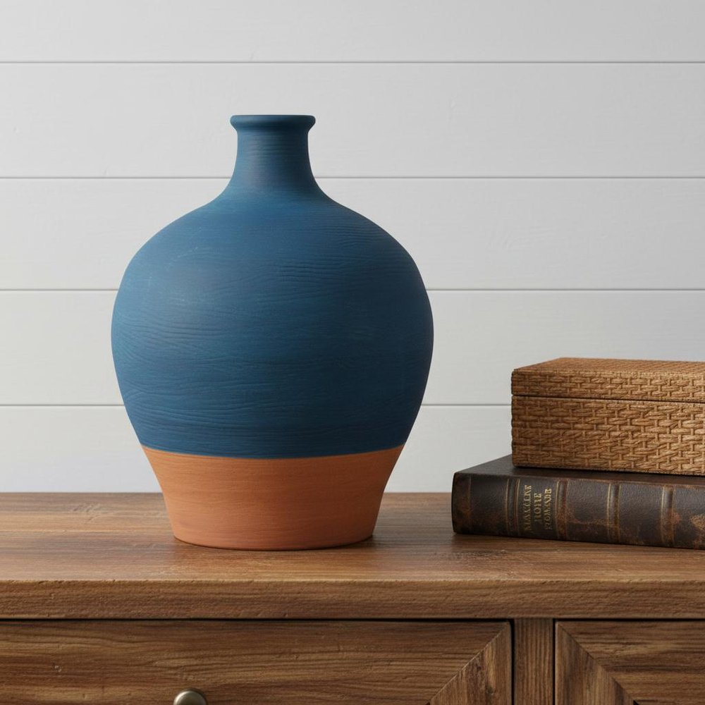9" Blue And Terra Cotta Ceramic Round Urn