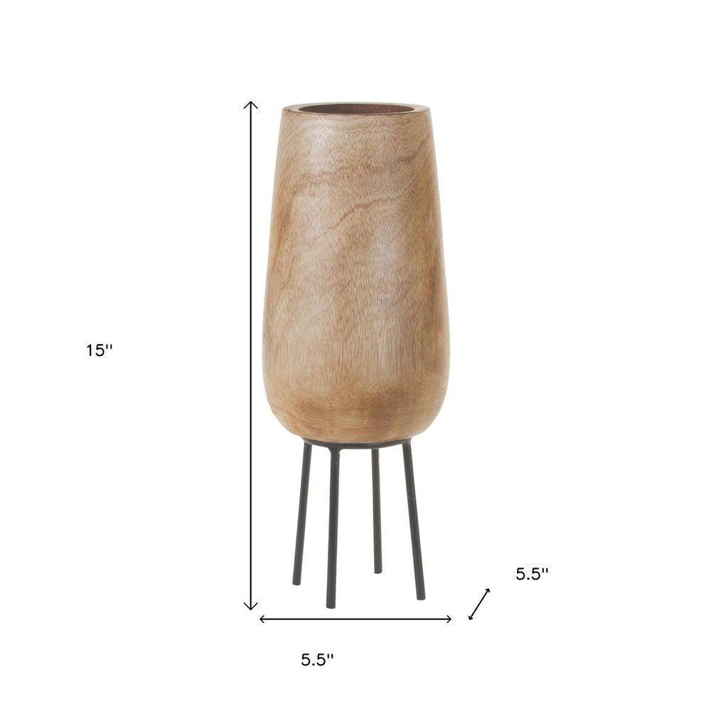 15" Natural Wood And Metal Cylinder Floor Vase