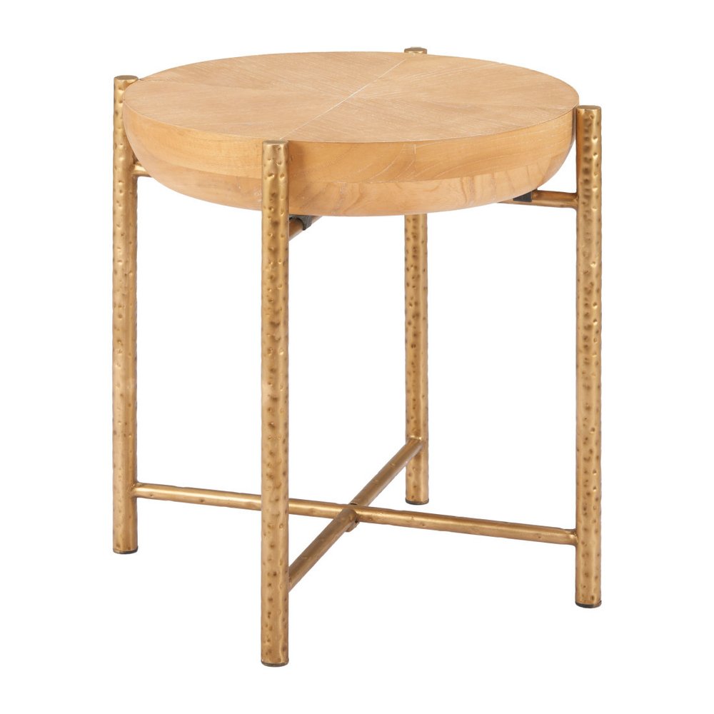 22" Natural and Gold Wood and Stainless Steel Round End Table