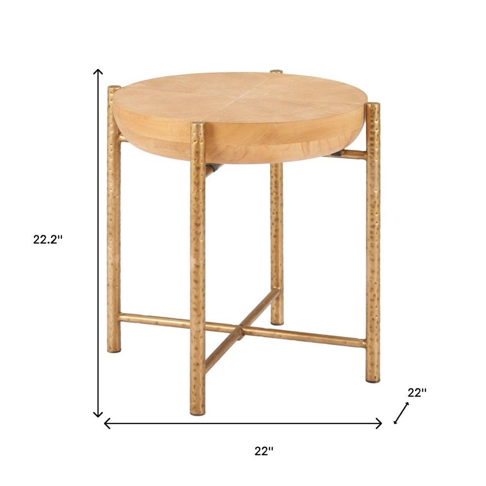 22" Natural and Gold Wood and Stainless Steel Round End Table
