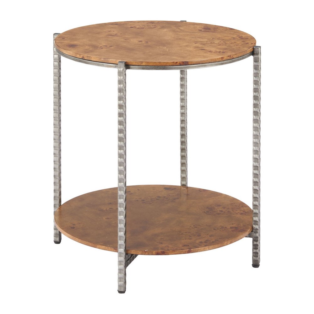 22" Natural and Silver Wood and Steel Round End Table With Shelf