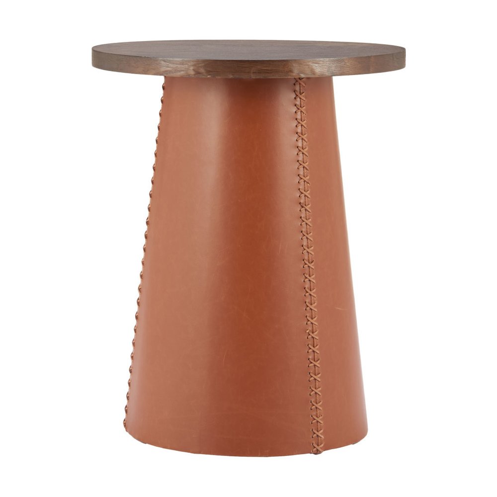 23" Brown Wood and Faux Leather Round Pedestal End Table