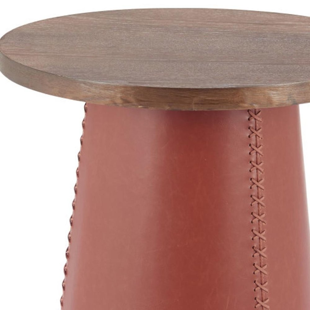 23" Brown Wood and Faux Leather Round Pedestal End Table