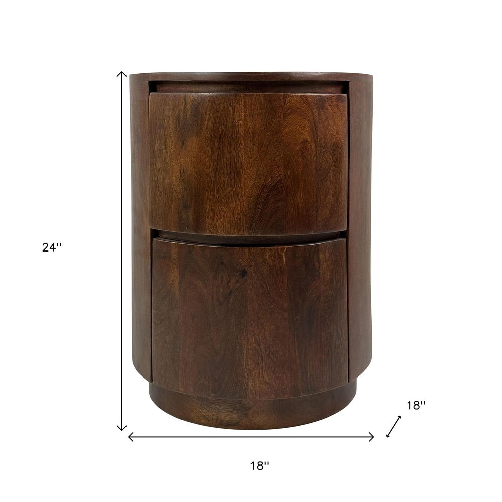 24" Chestnut Solid Wood Round Drum End Table With Two Drawers