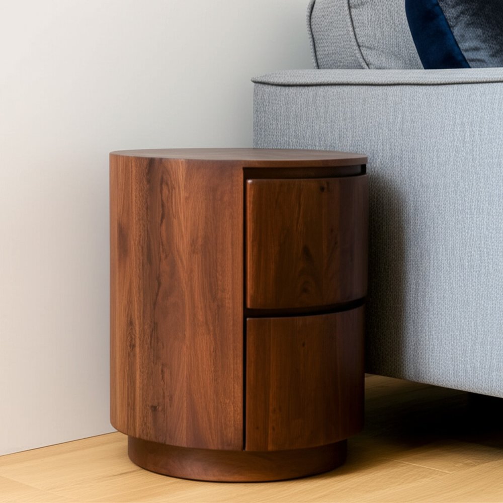 24" Chestnut Solid Wood Round Drum End Table With Two Drawers