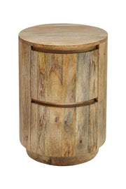 24" Natural Solid Wood Round Block End Table With Two Drawers