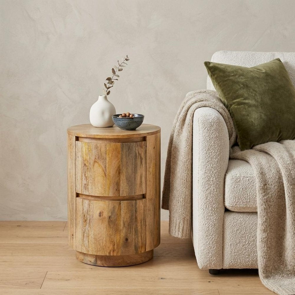 24" Natural Solid Wood Round Block End Table With Two Drawers