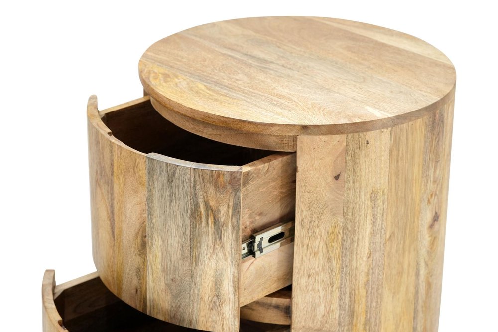24" Natural Solid Wood Round Block End Table With Two Drawers