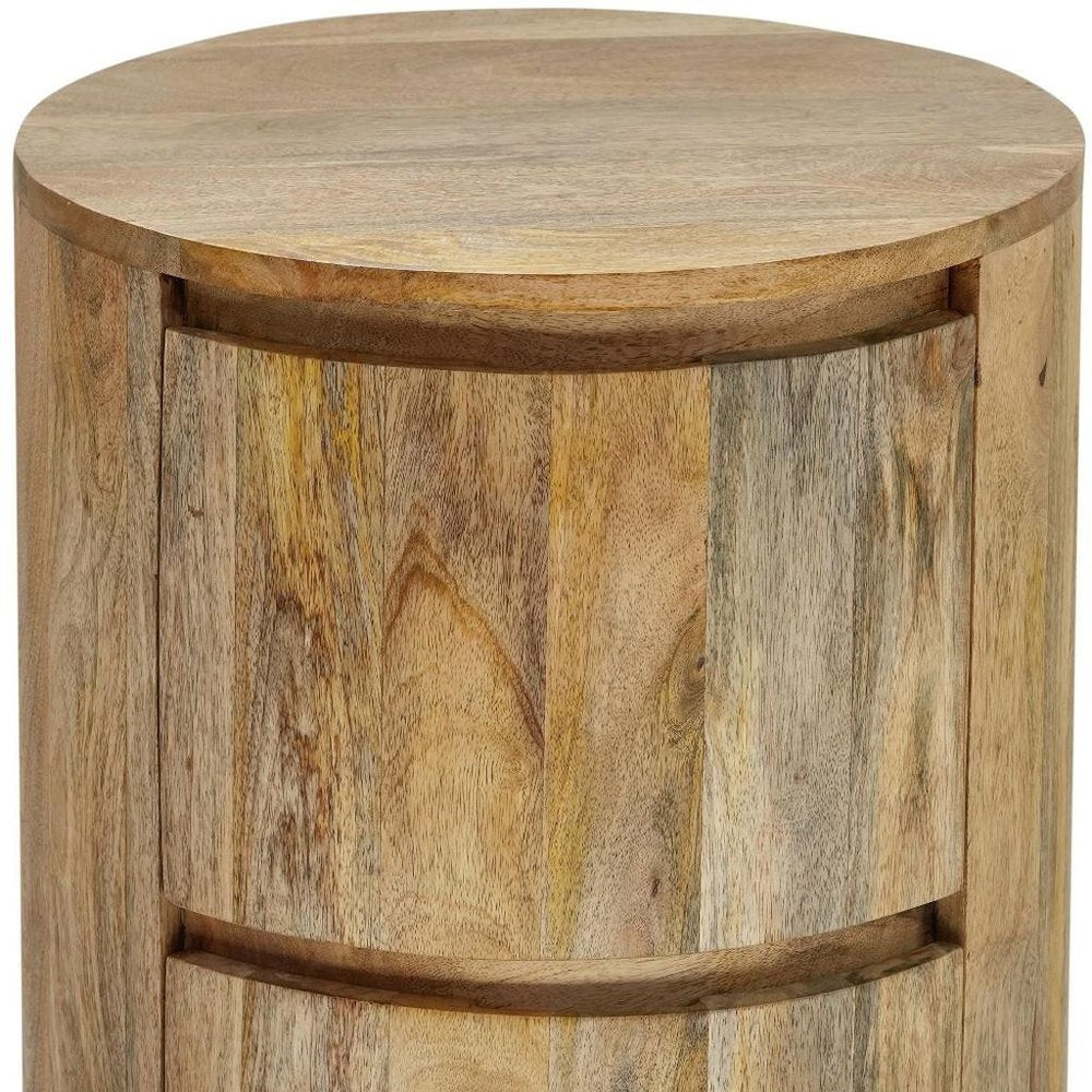 24" Natural Solid Wood Round Block End Table With Two Drawers
