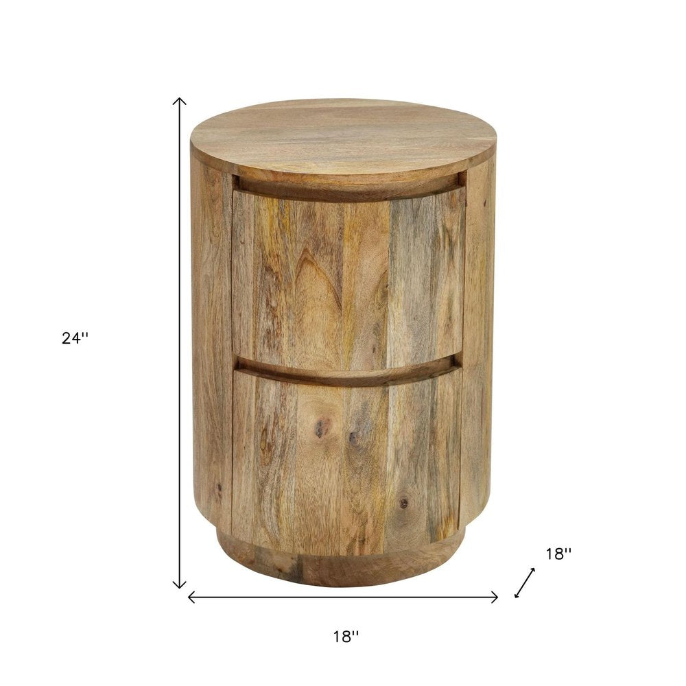 24" Natural Solid Wood Round Block End Table With Two Drawers