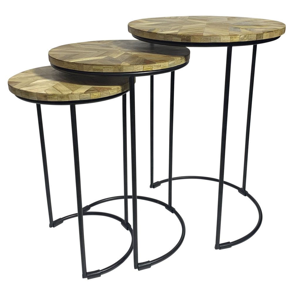 Set of Three Natural Natural and Black Solid Wood and Iron Round Frame Nested Tables