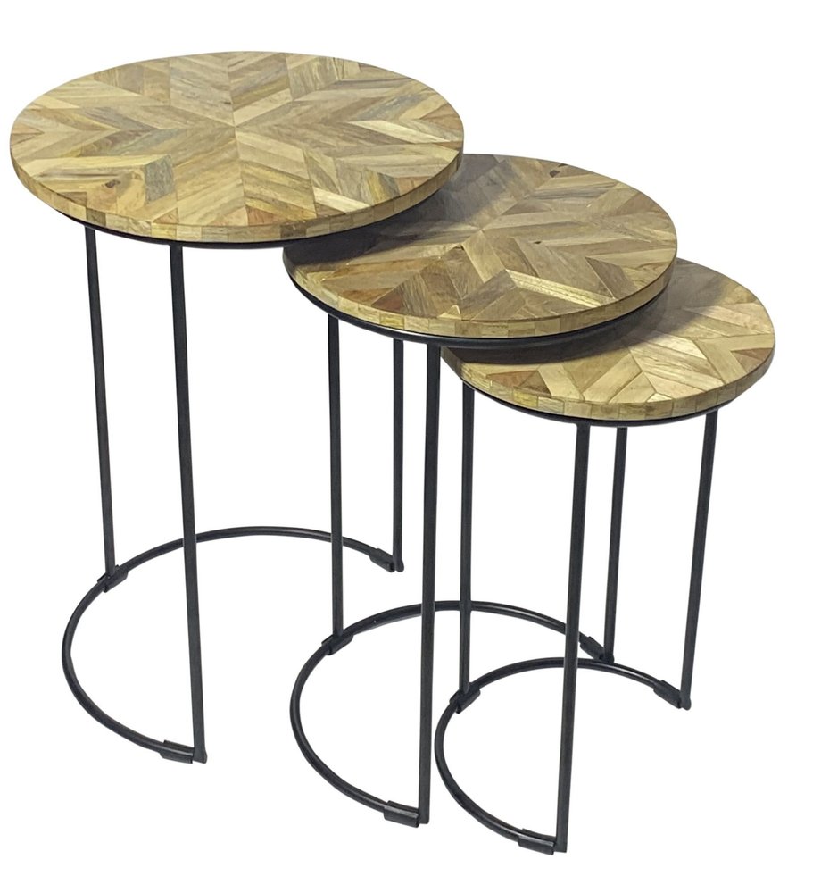 Set of Three Natural Natural and Black Solid Wood and Iron Round Frame Nested Tables