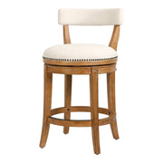 Linen and Brown Fabric and Solid Wood Low Back Counter Height Swivel Bar Chair