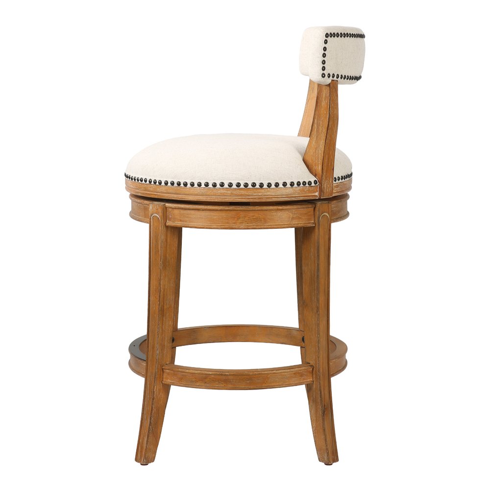 Linen and Brown Fabric and Solid Wood Low Back Counter Height Swivel Bar Chair
