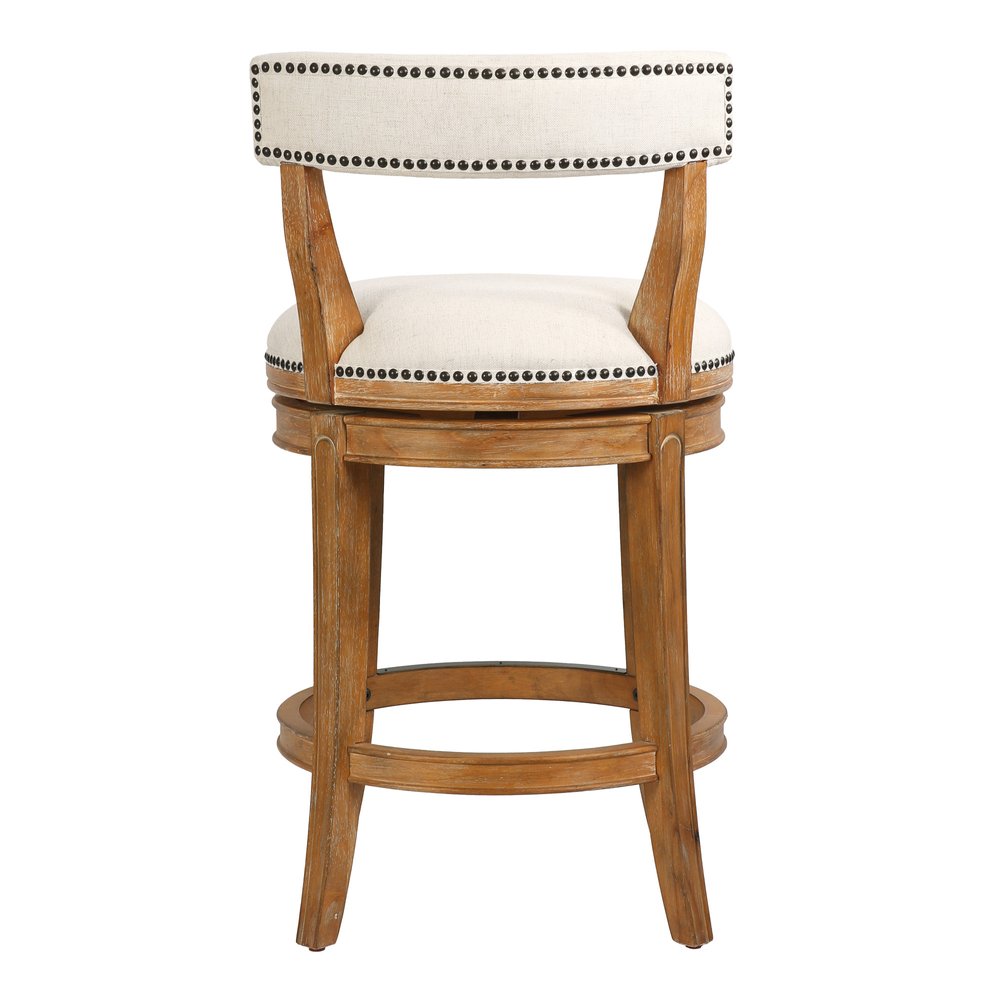 Linen and Brown Fabric and Solid Wood Low Back Counter Height Swivel Bar Chair