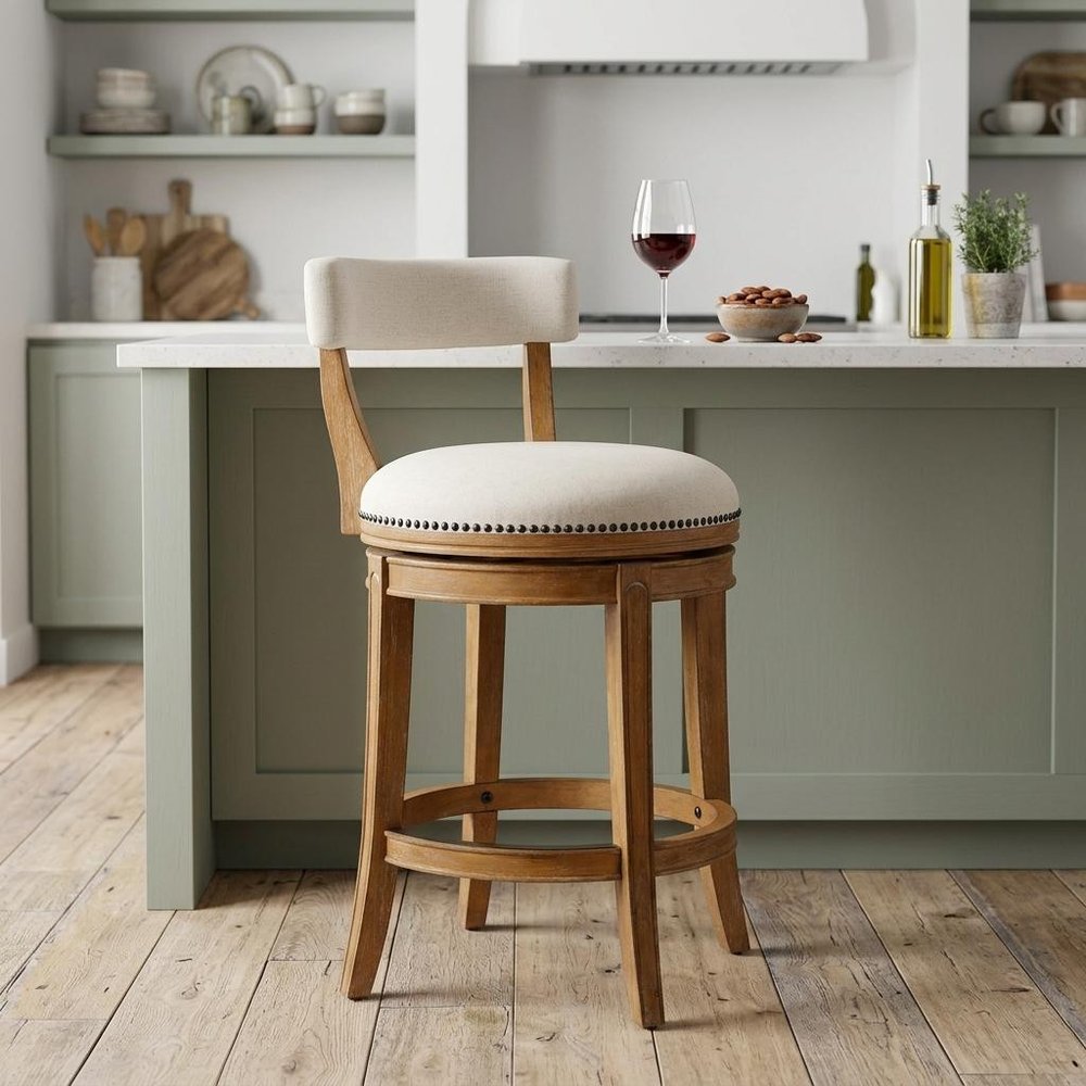 Linen and Brown Fabric and Solid Wood Low Back Counter Height Swivel Bar Chair