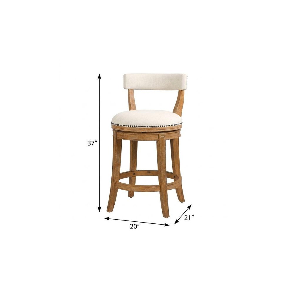 Linen and Brown Fabric and Solid Wood Low Back Counter Height Swivel Bar Chair