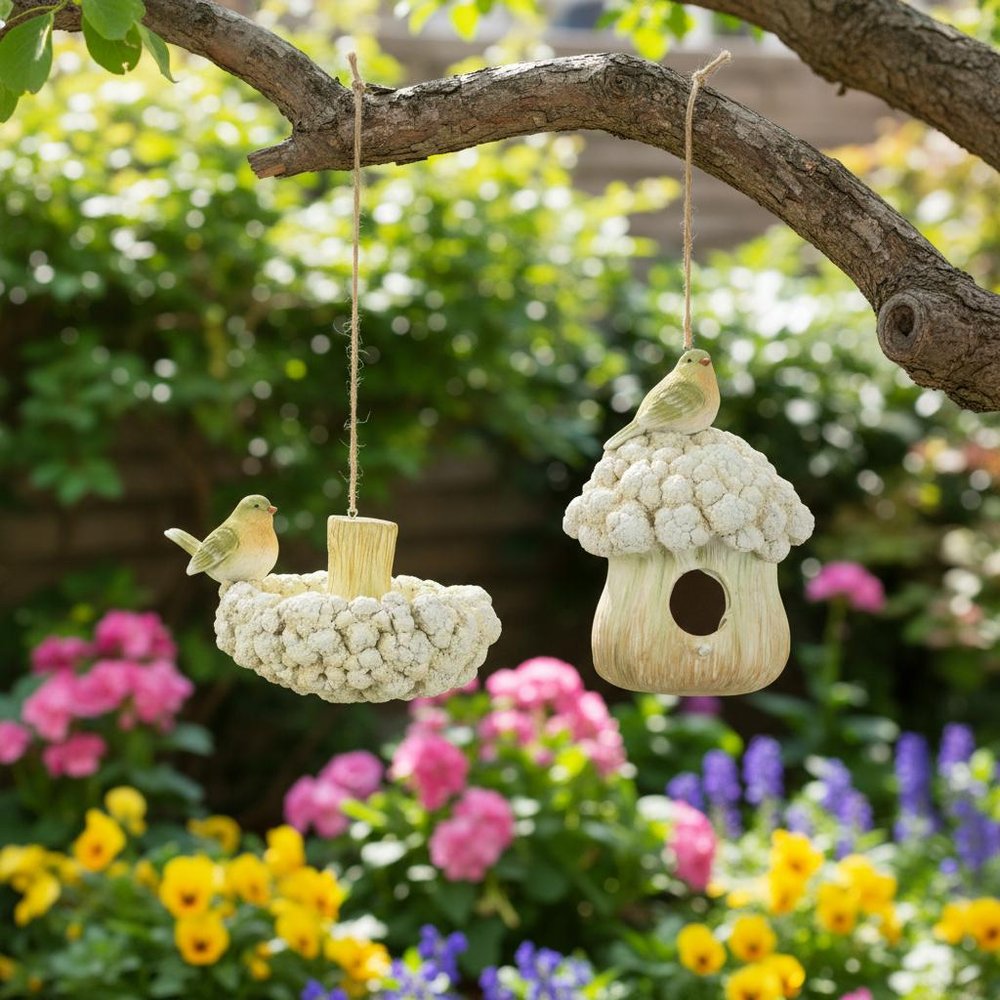 Set of Two Beige And Green Heavy Duty Plastic Birds Garden Hanging Wall or Door Decor