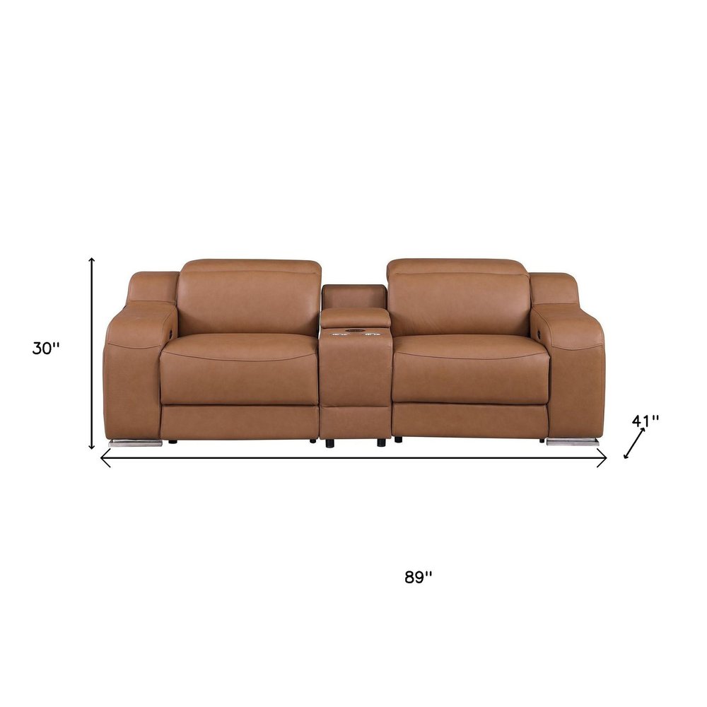 89" Cognac and Silver Italian Leather Power Reclining Loveseat With Storage