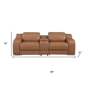 89" Cognac and Silver Italian Leather Power Reclining Loveseat With Storage
