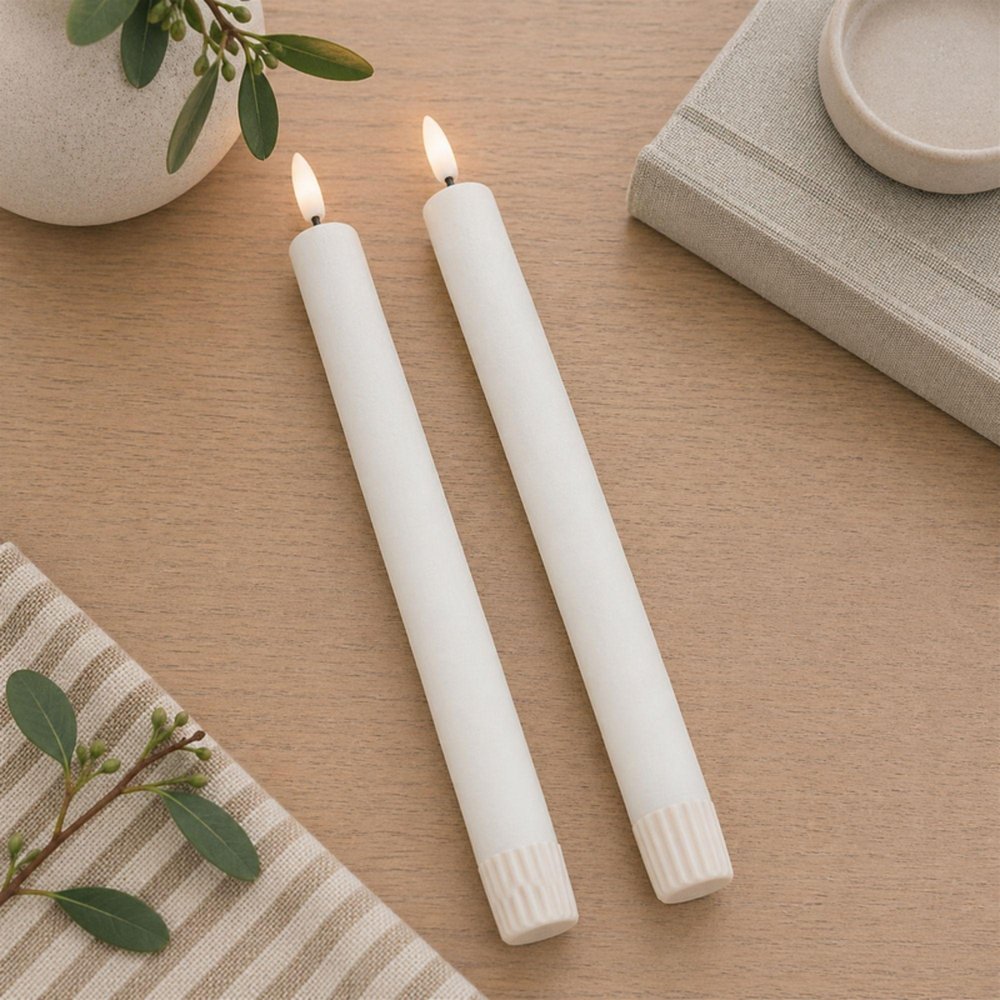Set of Two White Unscented Flameless Candle Taper Candles Cylinder Taper
