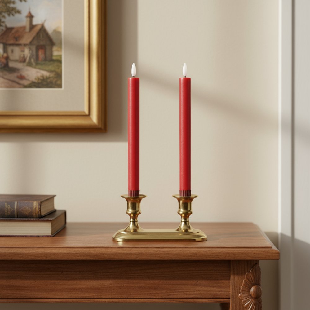Set of Two Red Unscented Flameless Candle Taper Candles Cylinder Taper