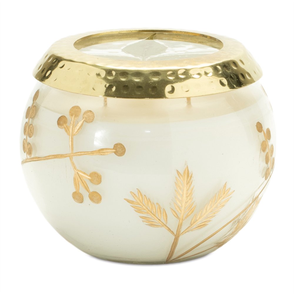5" White Juniper Scented Two Wick Candle In Clear And Gold Glass Leaf Holder