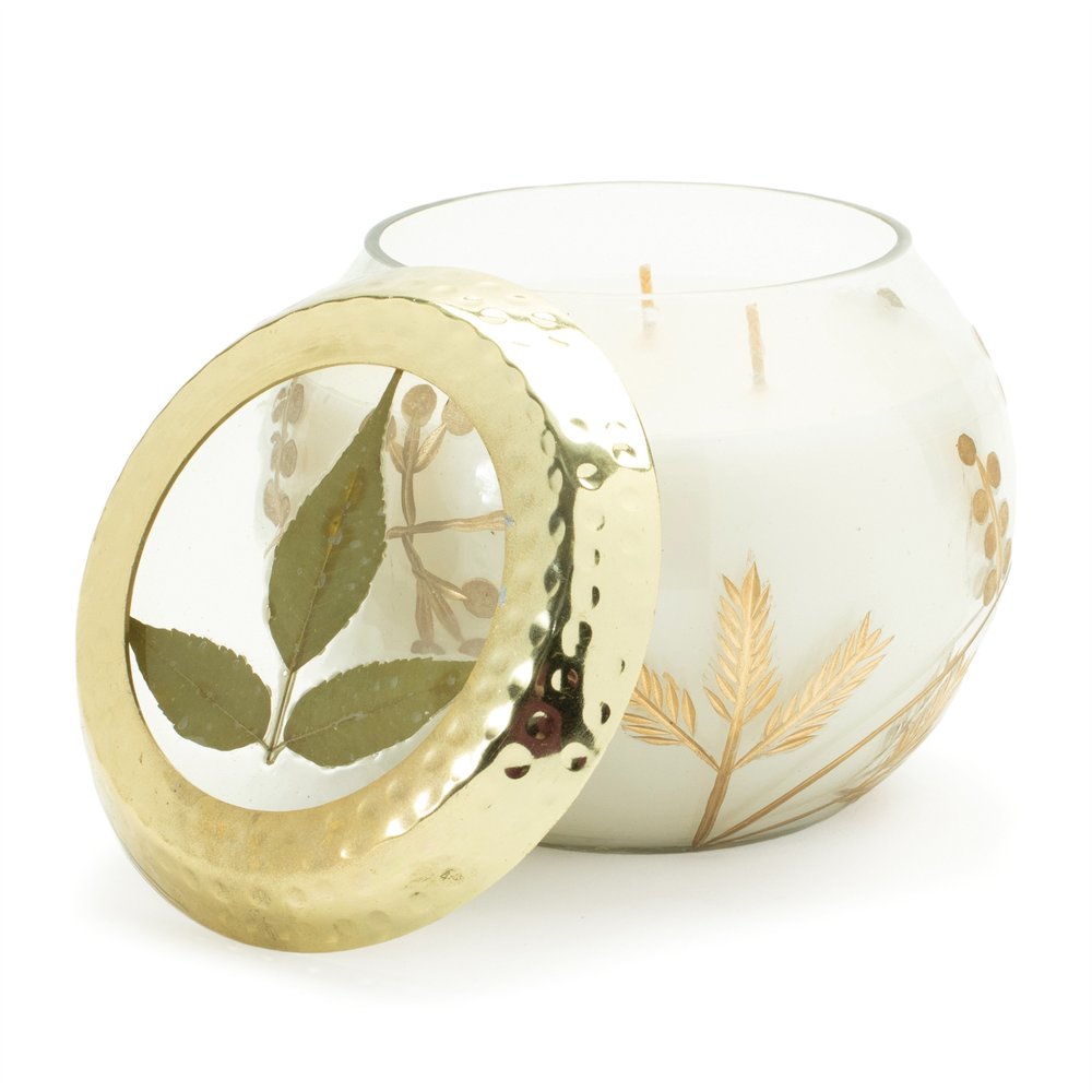 5" White Juniper Scented Two Wick Candle In Clear And Gold Glass Leaf Holder