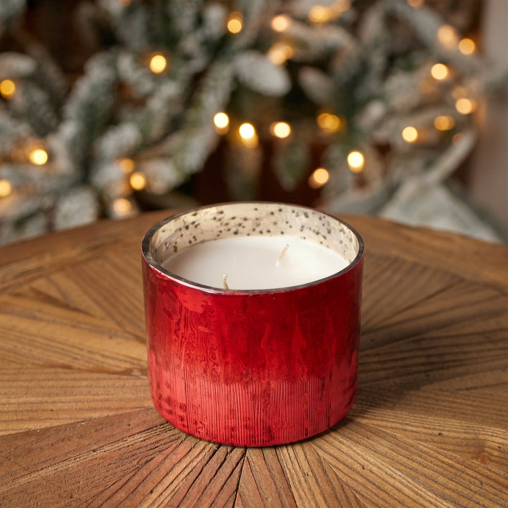 4" White Cranberry Scented Two Wick Candle In Red Distressed Frosted Glass Holder