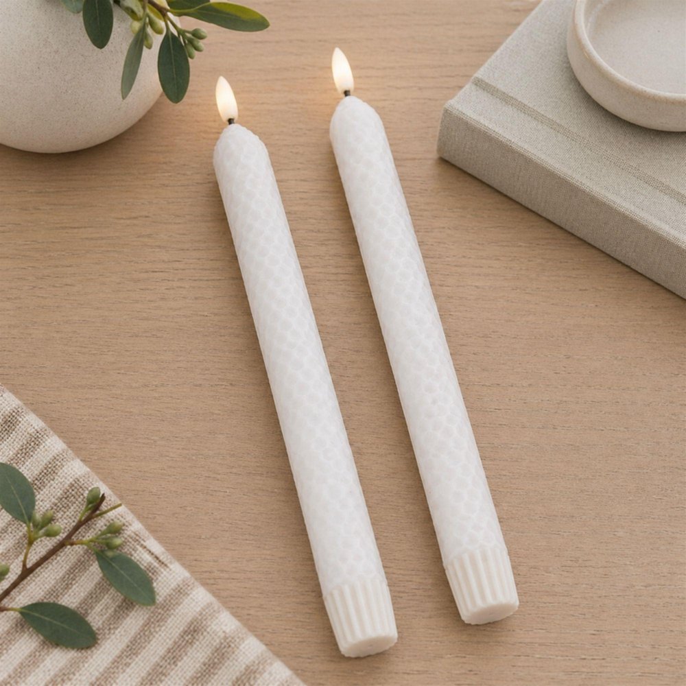 Set of Two White Unscented Flameless Candle Taper Candles Cylinder Taper