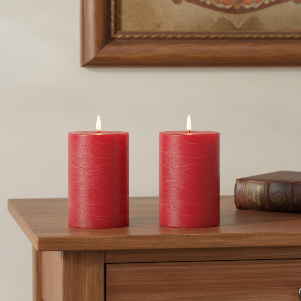 Set of Two Red Unscented Candle Flameless Pillar Candles
