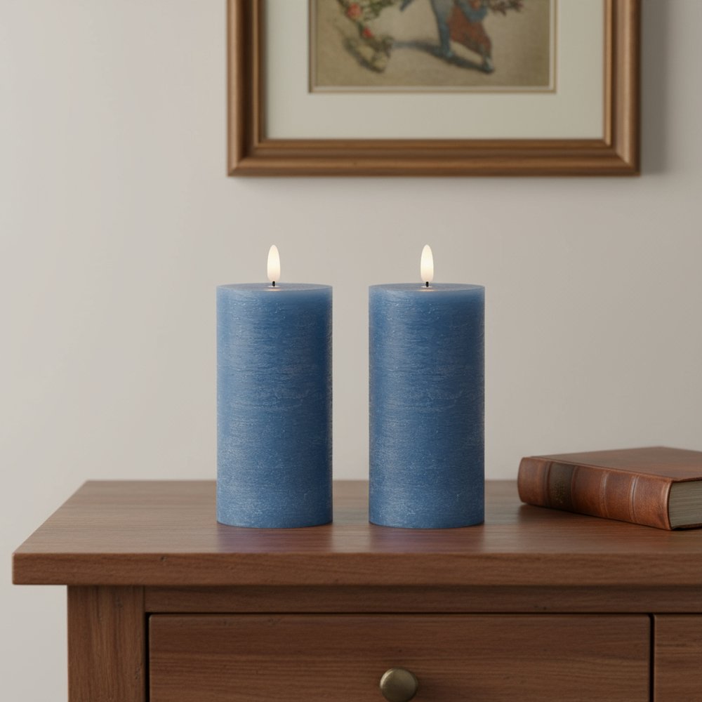 Set of Two Blue Unscented Flameless Candle Pillar Candles Cylinder Pillar