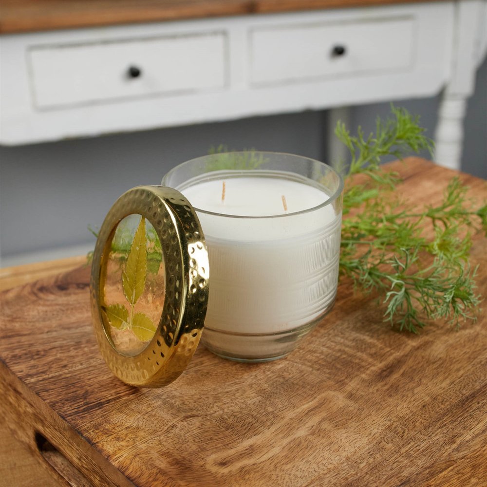 4" White Currant Scented Two Wick Candle In Clear And Gold Glass Holder
