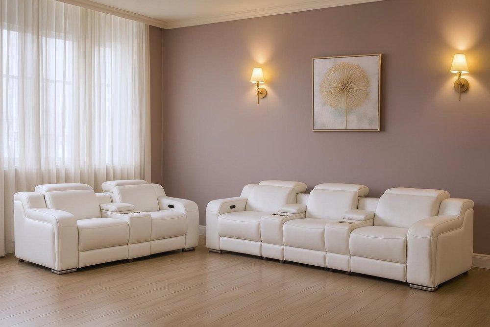 Two Piece White Leather Five Person Seating Set